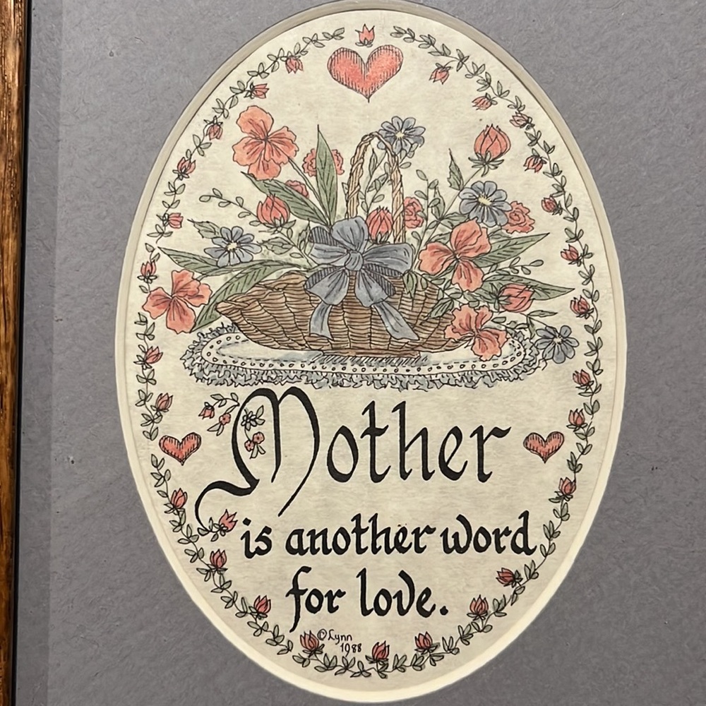 Calligraphy floral bouquet artwork “MOTHER is another word for love”, oak frame